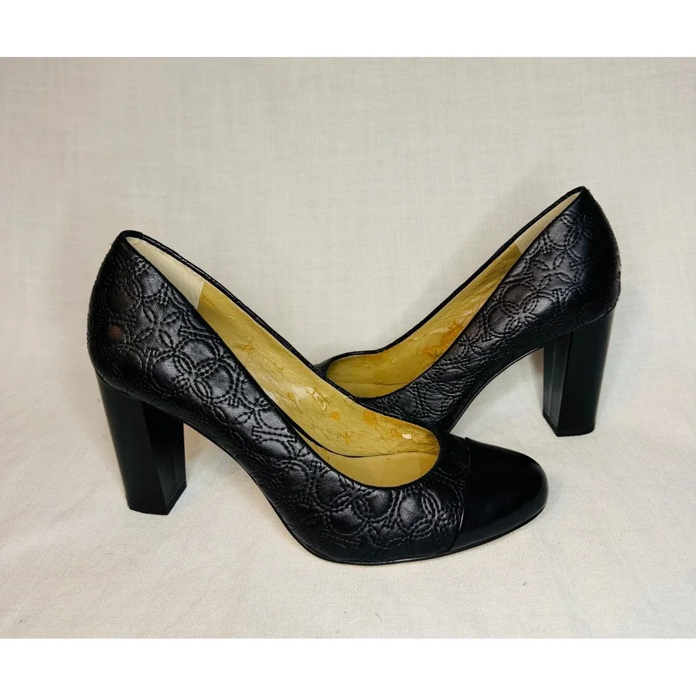Ann Taylor Black Embossed Leather Block Heel Pumps Round Cap Toe Womens 9.5M
